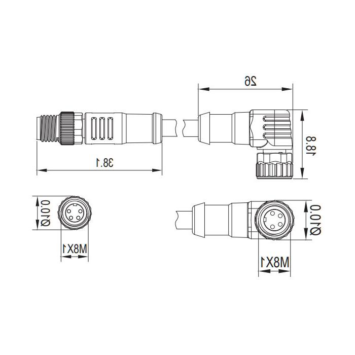 M8 4-PIN, female 90° turn male straight, double-ended precast PUR flexible cable, shielded, black sheathing, 63D165-XXX